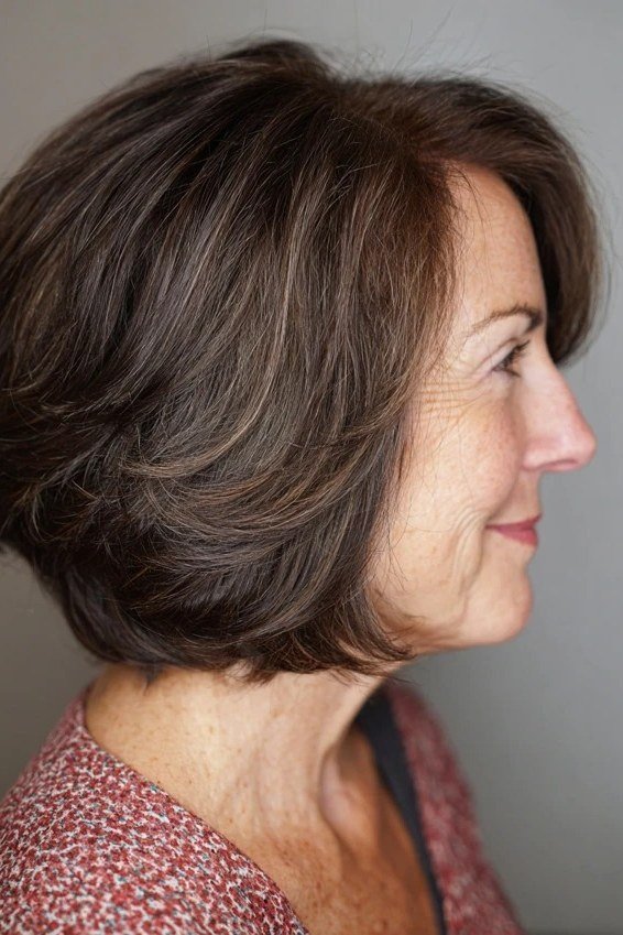 Dark Brown Layered Bob With Feathered Ends for women over 60