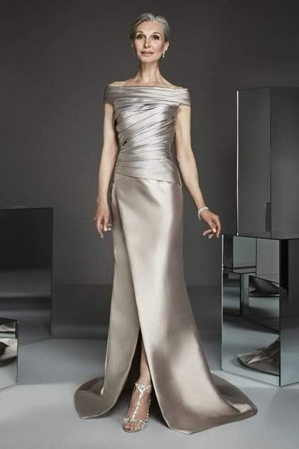 off-shoulder champagne satin column gown