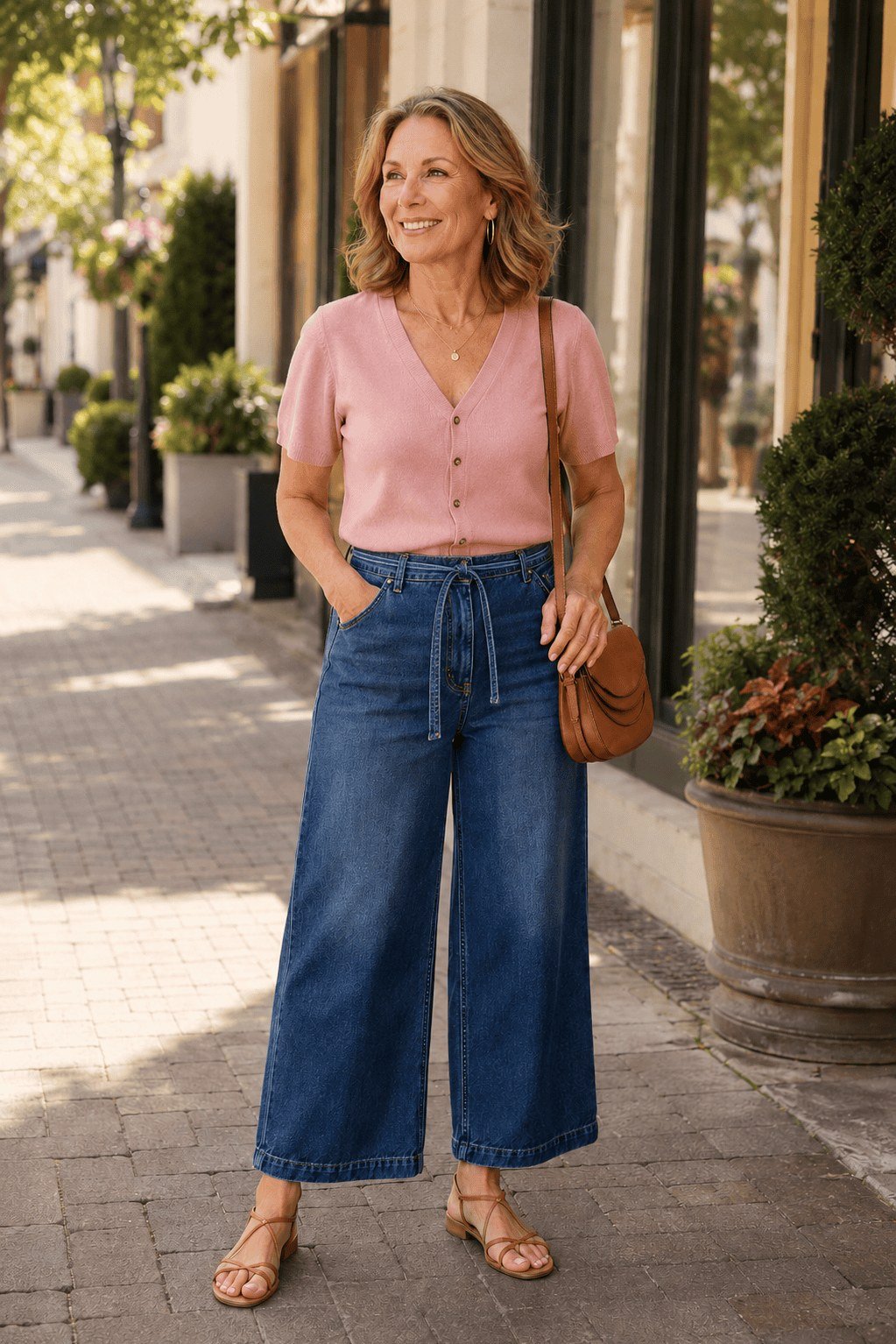 Pink Cardigan with Dark Wide-Leg Jeans on a woman over 50, fall outfit idea
