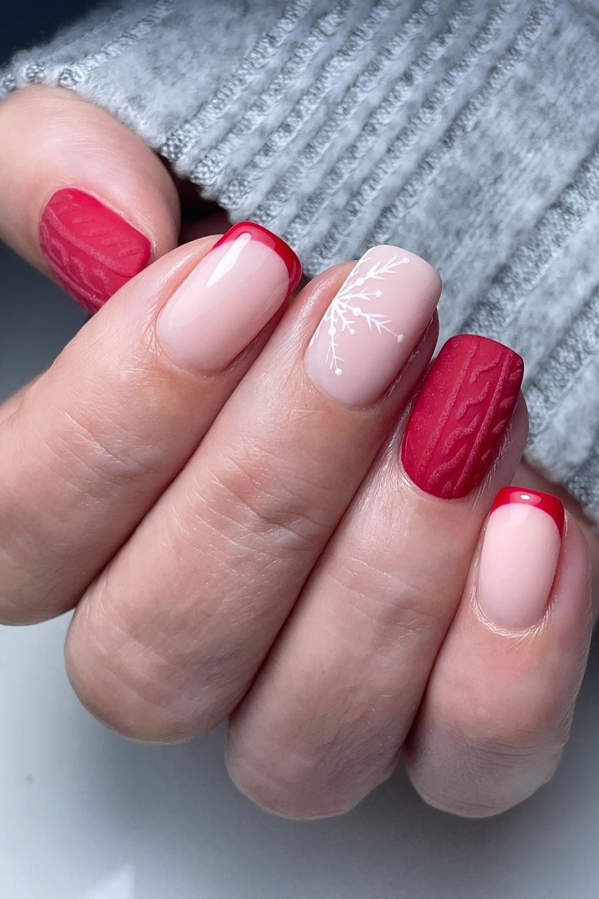 Red and Pink Knit Sweater Nails, fun winter nail idea for women over 60