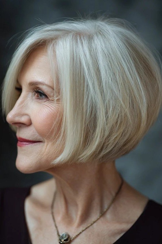 Crisp white angled bob haircut for senior women
