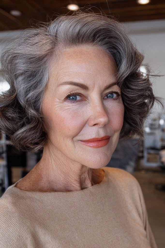 Salon-Fresh Grey Wavy Bob - short wavy bob hairstyle for women over 60