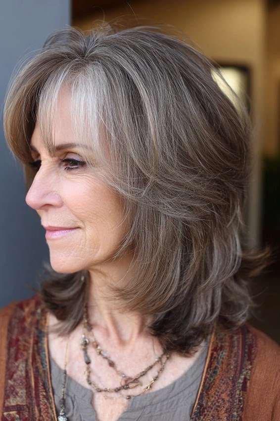 Gray-brown layered shoulder-length haircut on an older woman, side view, medium hairstyle for women over 60