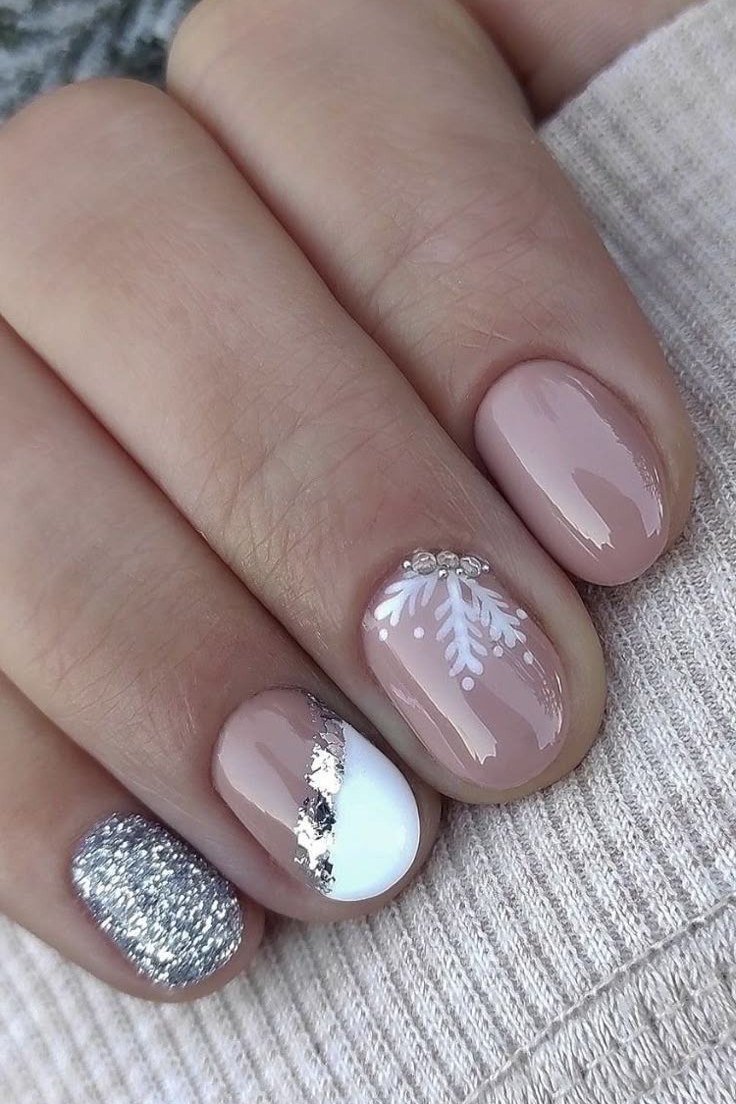 nude with snowflake and silver glitter accent