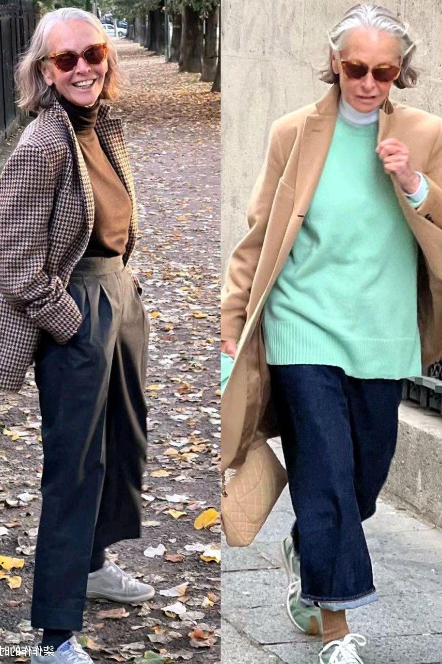Elegant fall outfit for women over 70: camel coat with mint green top