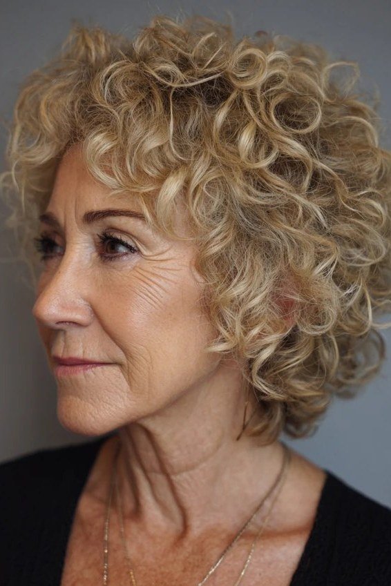 Bouncy honey blonde curly bob for older women