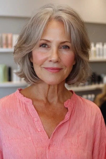 45. Gray Wavy Lob - wash and wear hairstyle for older women