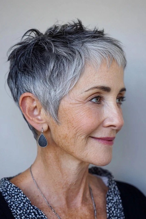 Silver pixie, smiling three-quarter view, micro pixie cut for women over 60 going silver