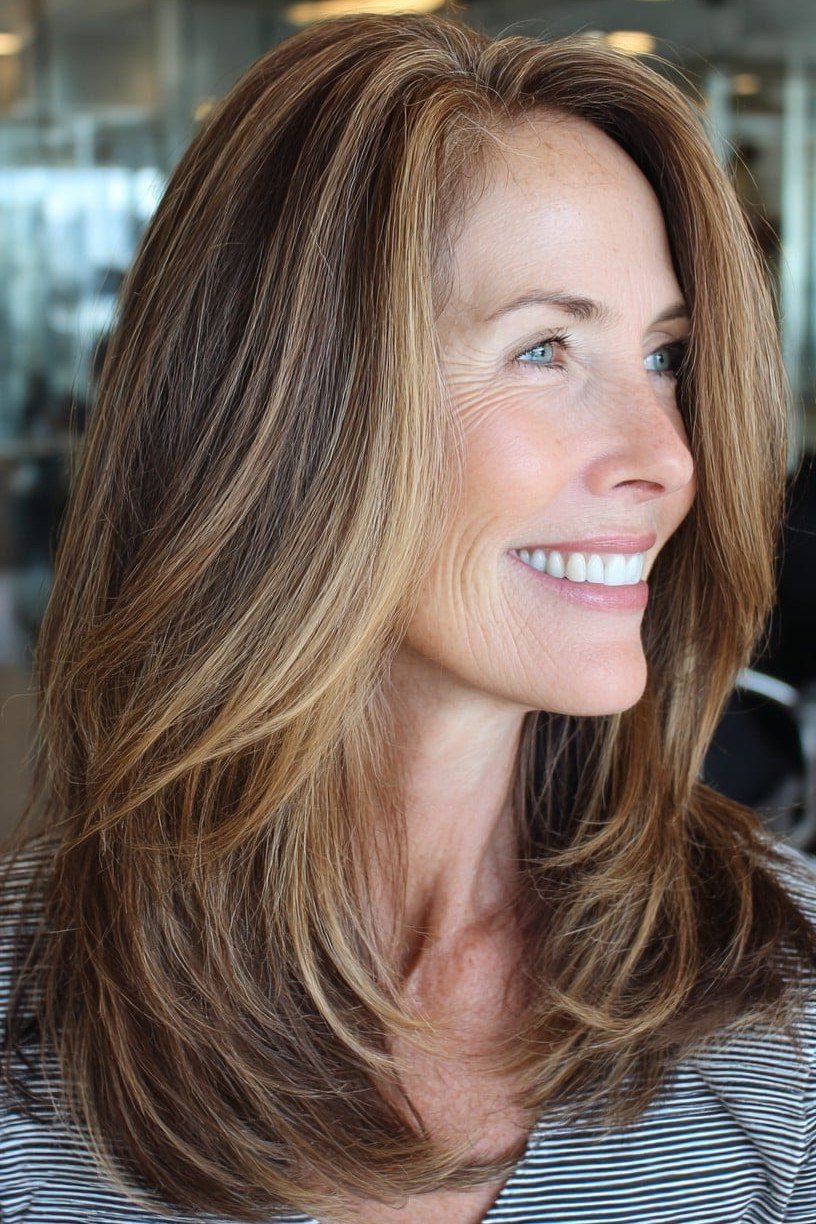 Long caramel layered medium-length hairstyle, front side view, for women over 50
