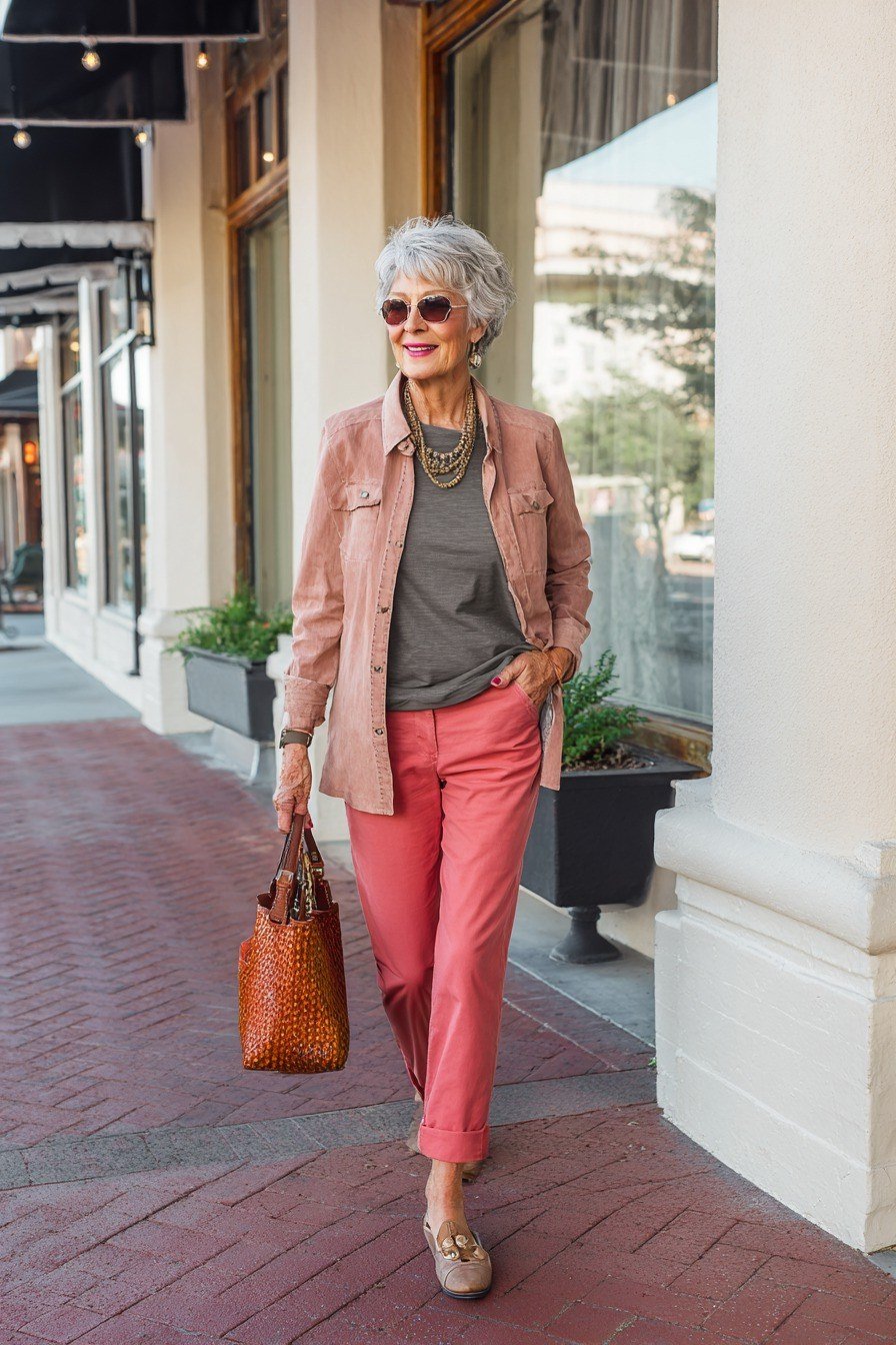 Coral Jeans with a Blush Blazer, classy outfit for women over 60