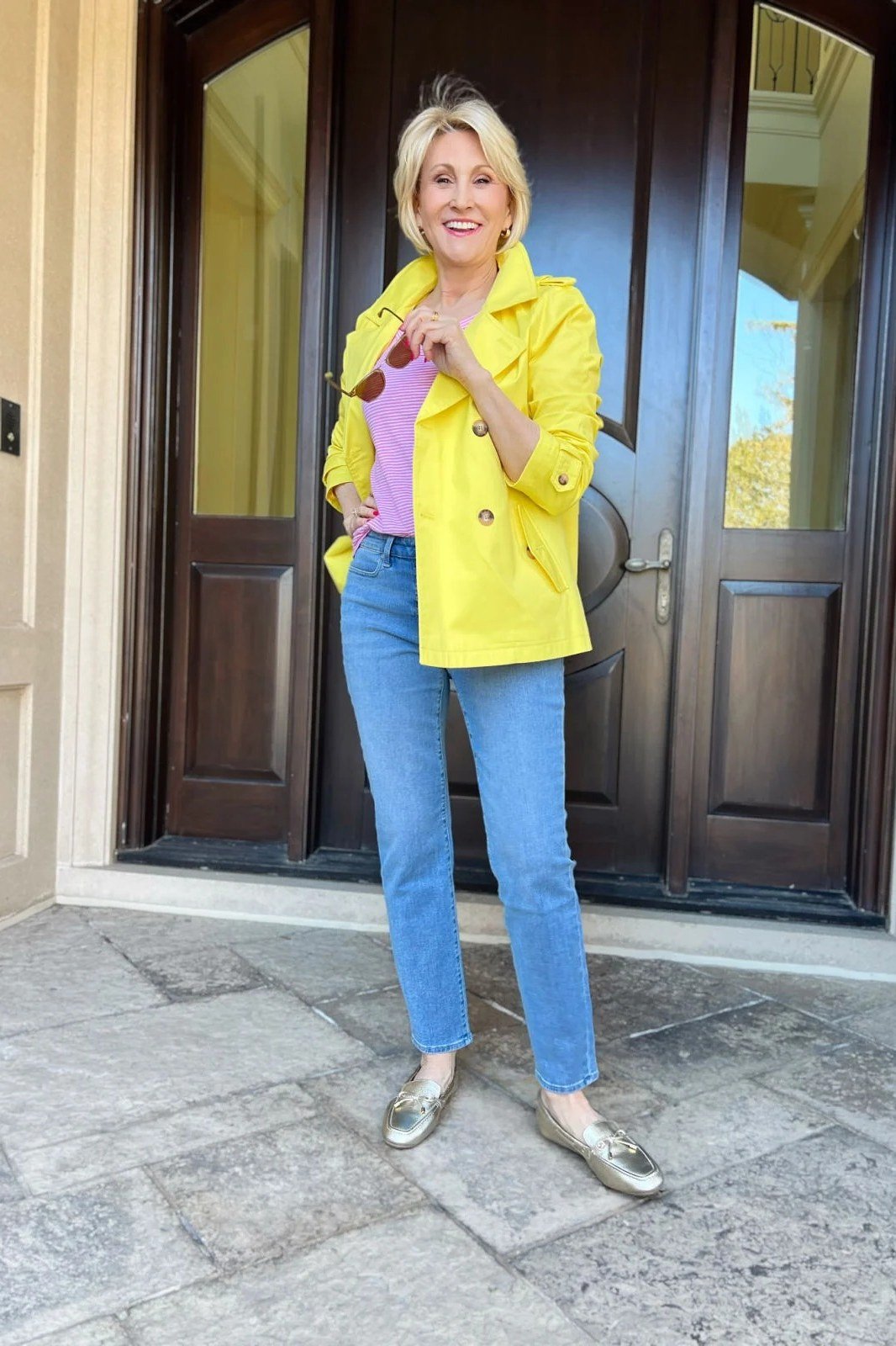 Sunny Yellow Jacket with Light Jeans - fall outfit idea for women over 50