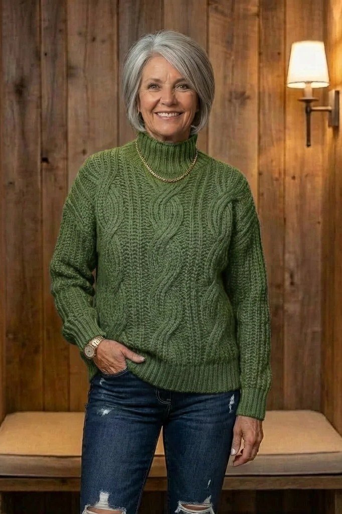 Forest-green cable-knit turtleneck sweater with dark jeans indoors, cozy sweater outfit idea for women over 70