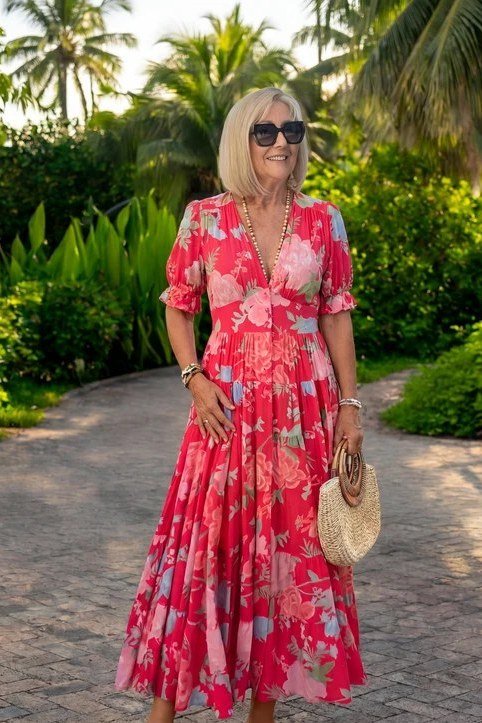 Red and Pink Floral Wrap Midi summer outfit idea for women over 60