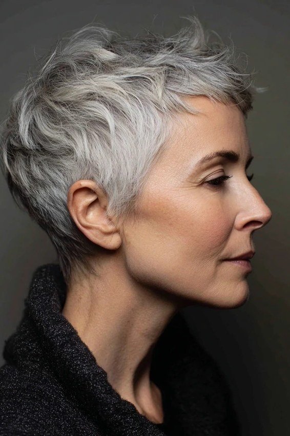 Silver choppy pixie haircut for women over 60, profile view