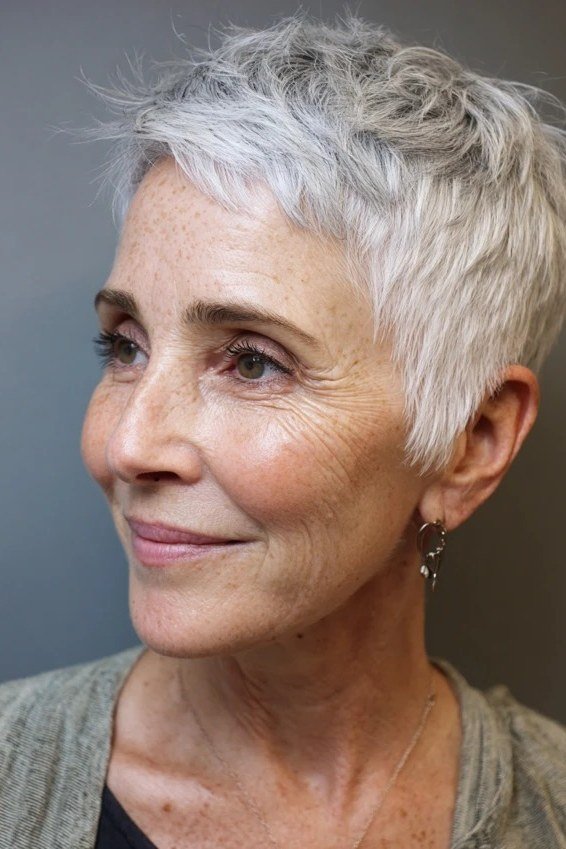 soft white layered pixie for women over 50 front view
