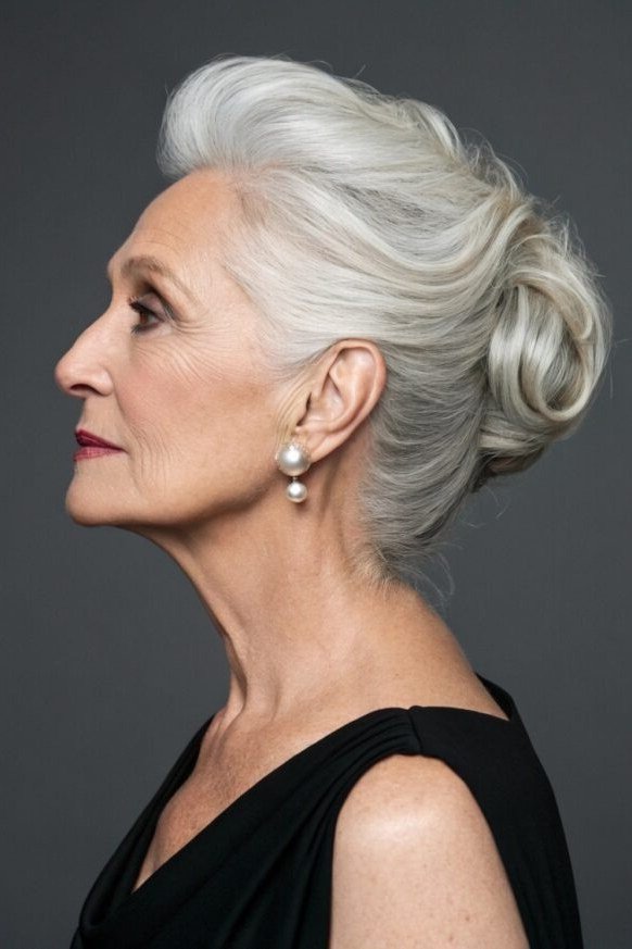 Silver low chignon, side view, elegant, classic hairstyle for women over 70