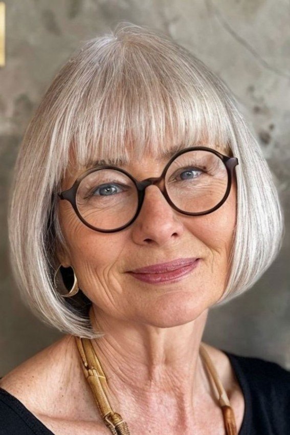 Silver french bob with full bangs and round glasses