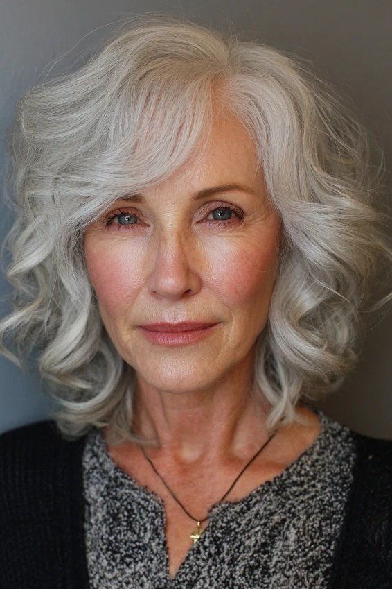 White Curly Bob - grey shoulder length hairstyle for women over 60