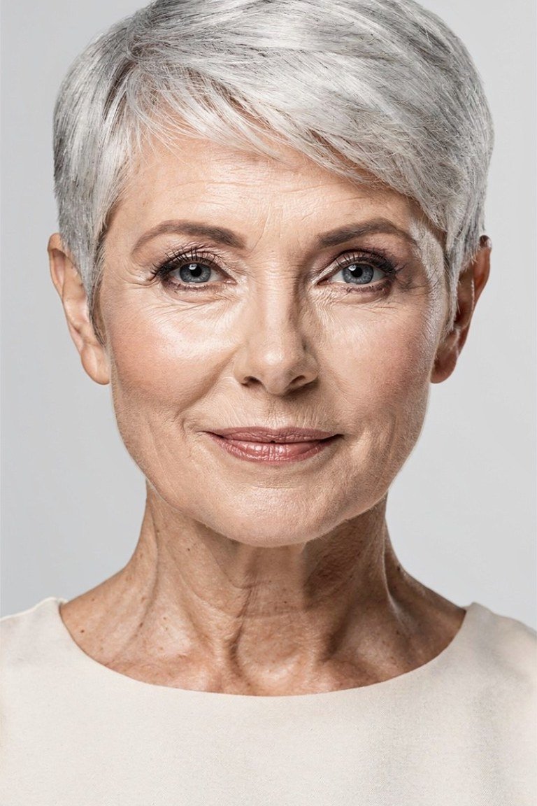 Classic short silver pixie haircut, front view, for women over 60