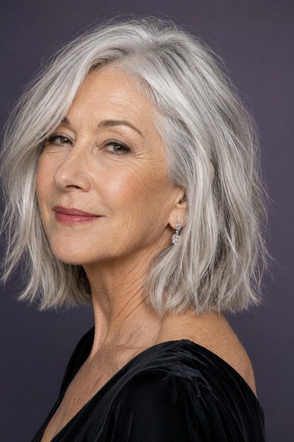 Textured silver layered lob haircut for older women