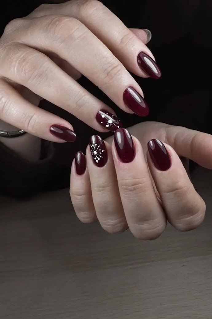 Burgundy Nails with Crystal Art for women over 60