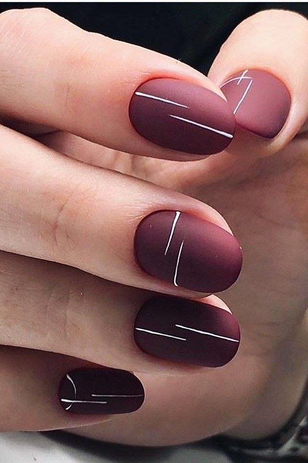 Matte Burgundy Nails with White Stripes for women over 60