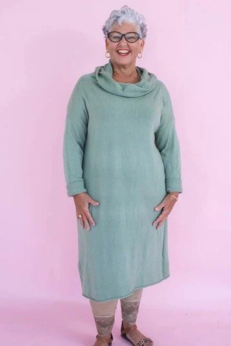mint cowl neck knit midi for women over 60