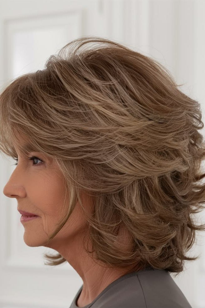 Warm Brown Layered Bob, layered hairstyle for women over 70