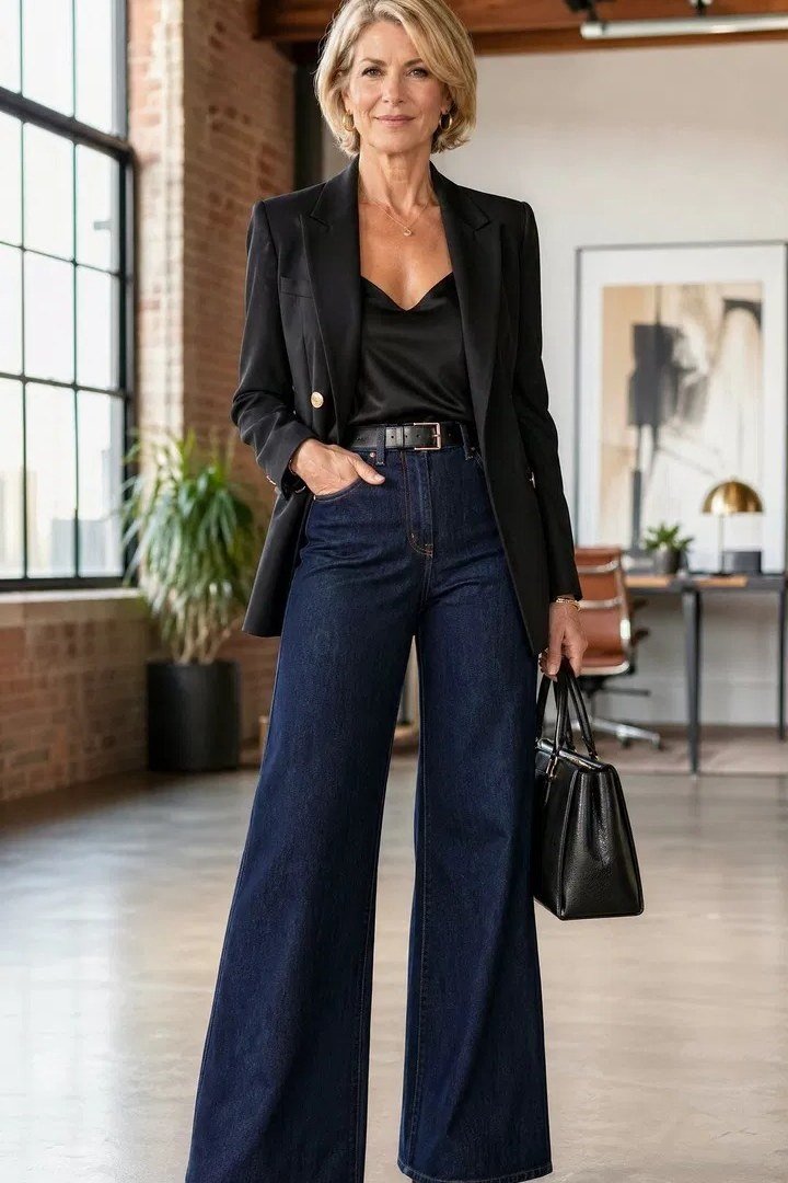 Black blazer wide-leg dark jeans, blonde woman in loft interior - business casual work outfit for women over 50