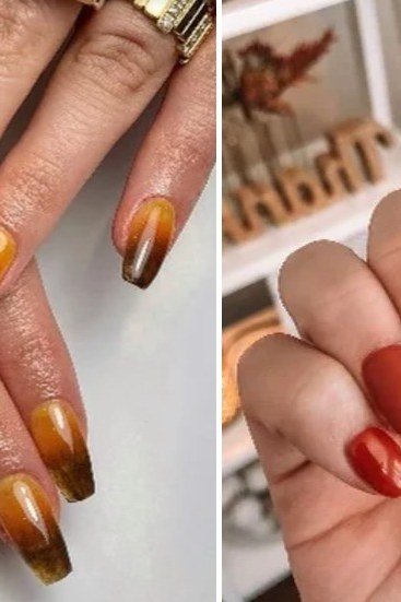 Burnt orange solid and gradient long nails, fall nail design for older women