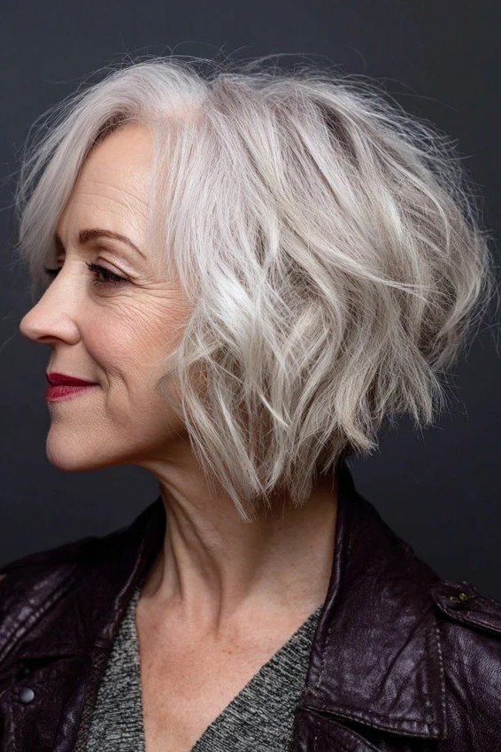 Silver Wavy Bob with Edge - curly bob hairstyle for women over 50