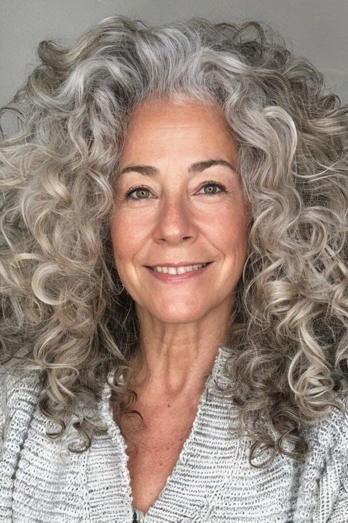 Silver shoulder-length curls for older women