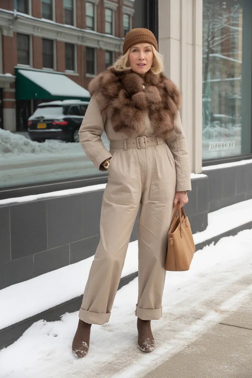 Stylish winter outfit for women over 60: camel belted coat with fur collar over tan jumpsuit in snow