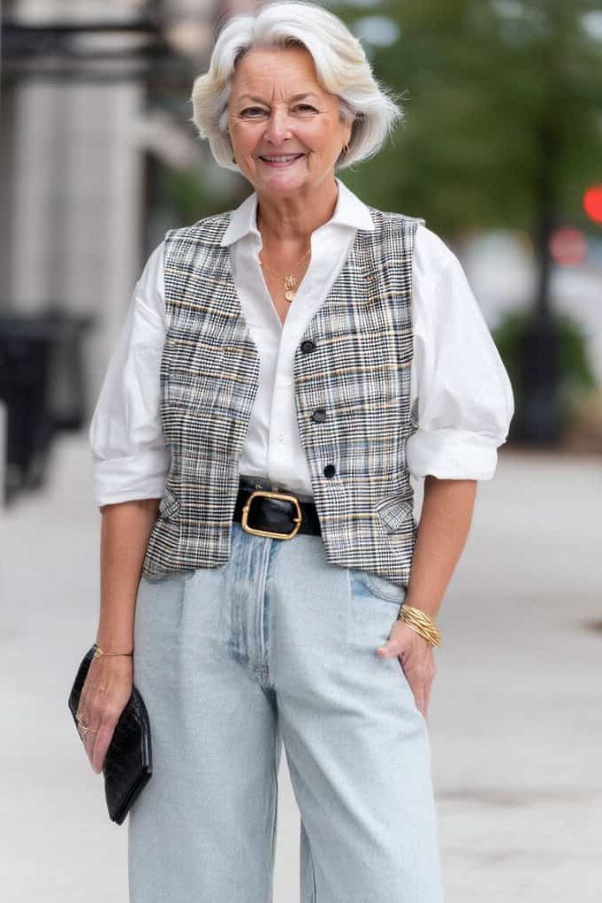 Plaid Vest and Light Jeans outfit for women over 70, chic style idea 13