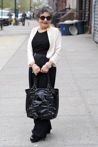 White jacket with black trousers for women over 70