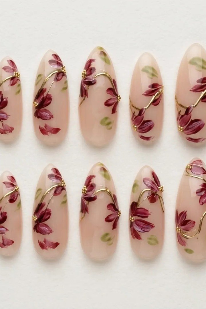 Sheer press on nails with burgundy floral art for women over 50
