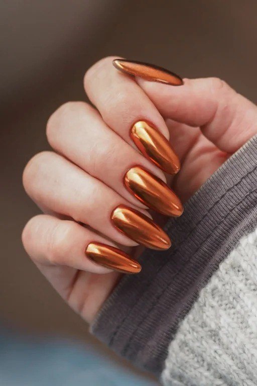Copper chrome almond gel nails, metallic fall manicure