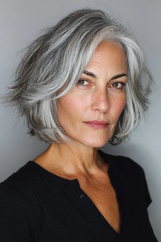 Gray shaggy bob with natural texture for women over 60, front view