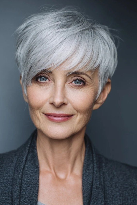 White pixie with bangs for women over 70