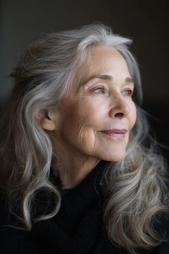 long grey wavy hair with natural shine, three quarter view