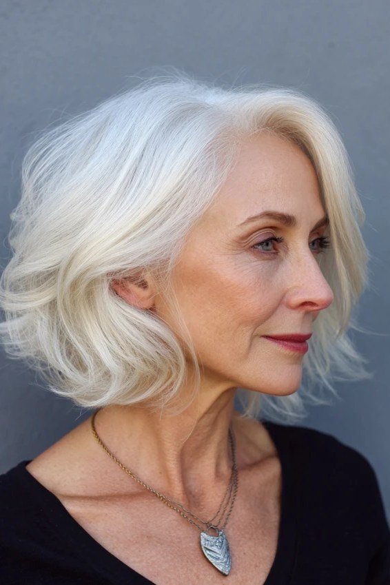 White rounded bob, side view, woman in her 60s