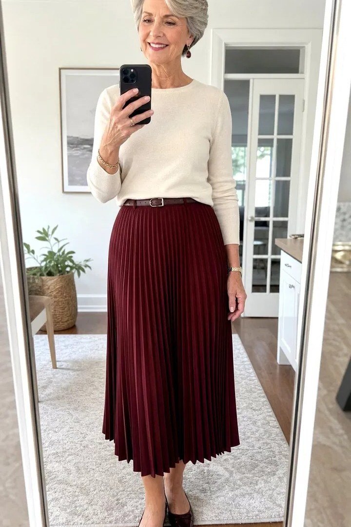 Cream Sweater With Burgundy Pleated Skirt - flattering outfit idea for women over 50, how to dress better over 50