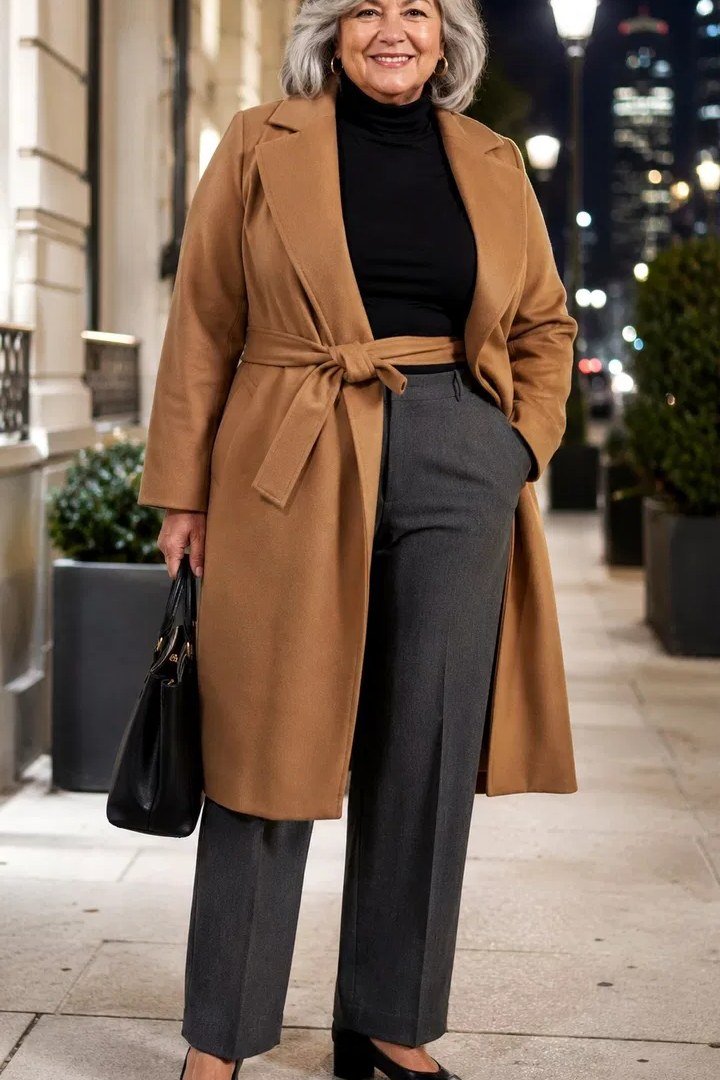 Camel wrap coat with black turtleneck and gray trousers for women over 50
