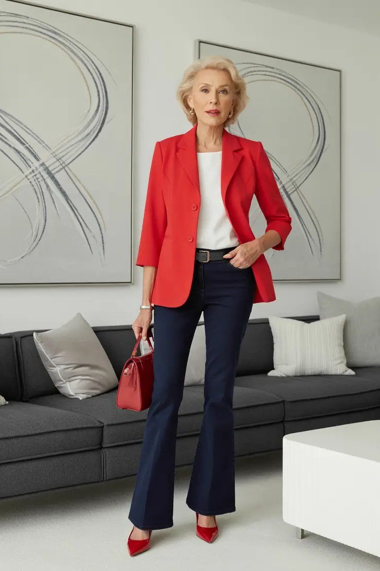 Red Blazer With Navy Flared Trousers, smart casual outfit for women over 50