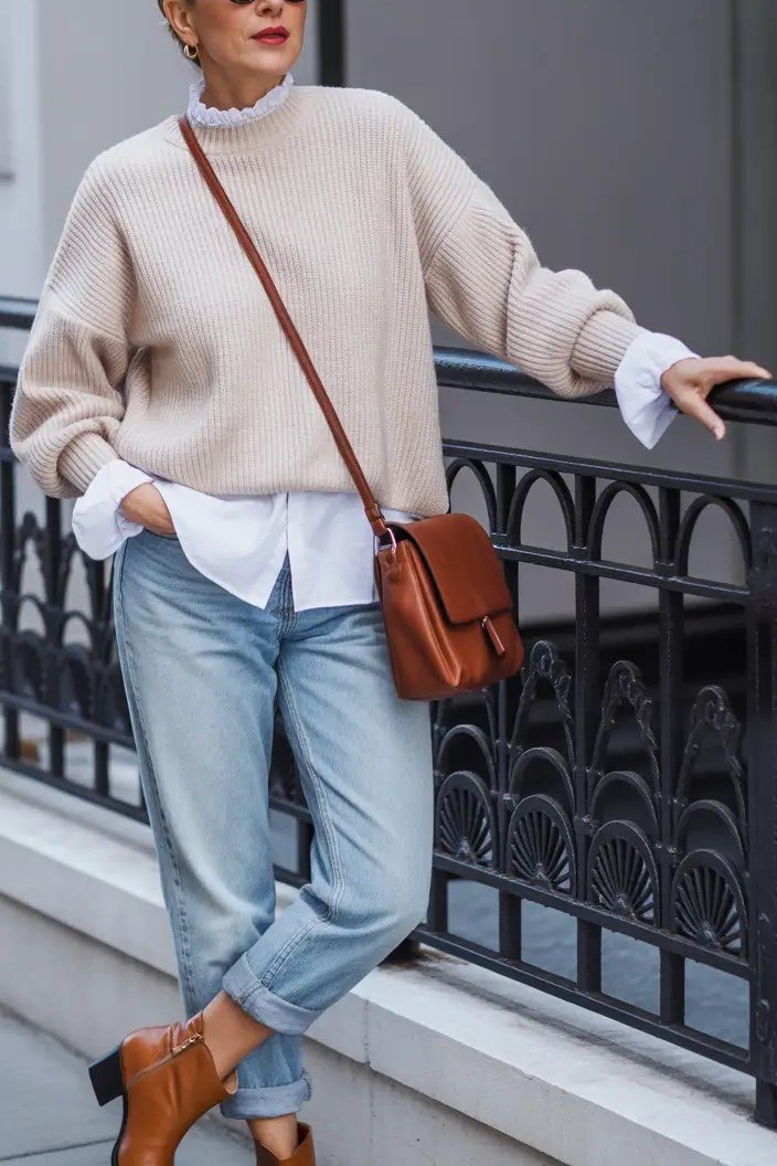 cream sweater over a white shirt fall outfit for women over 60