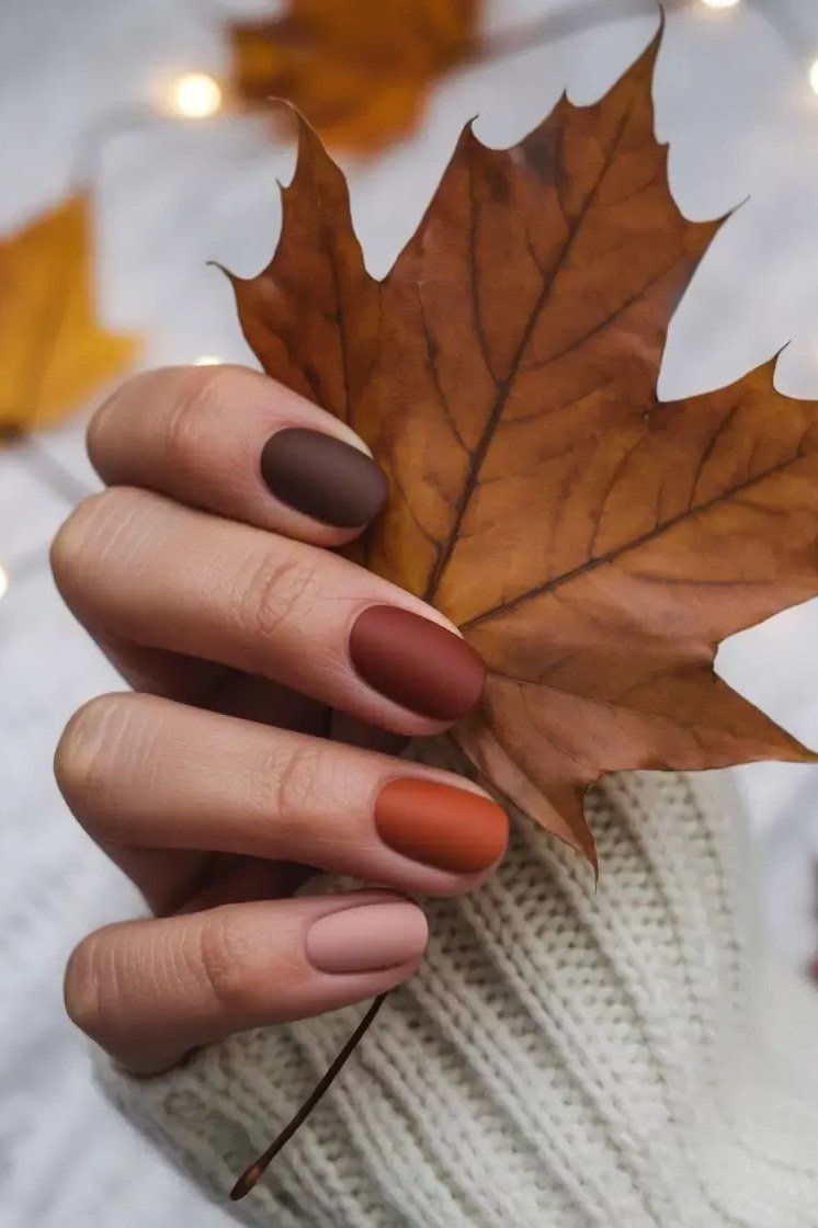 Four Fall Shades with a Maple Leaf - fall nail color idea for women over 60