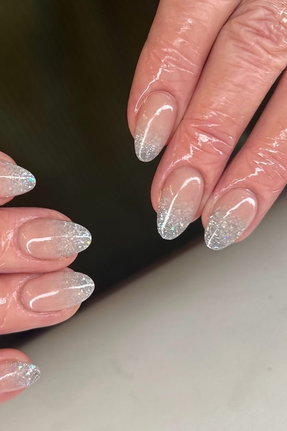 Silver Glitter Ombre Almond Nails - silver glitter ombre almond, glitter winter nail design for women over 60