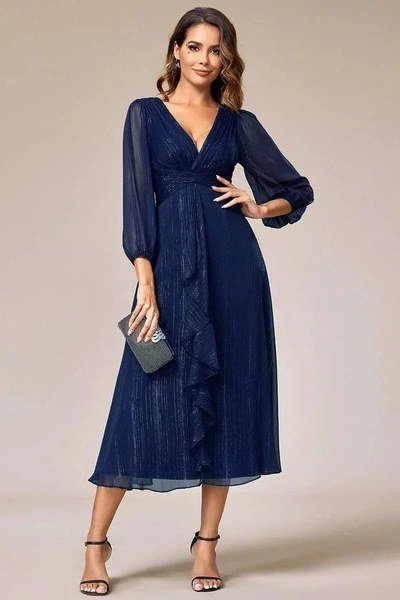navy chiffon midi dress, elegant cocktail dress for women over 60