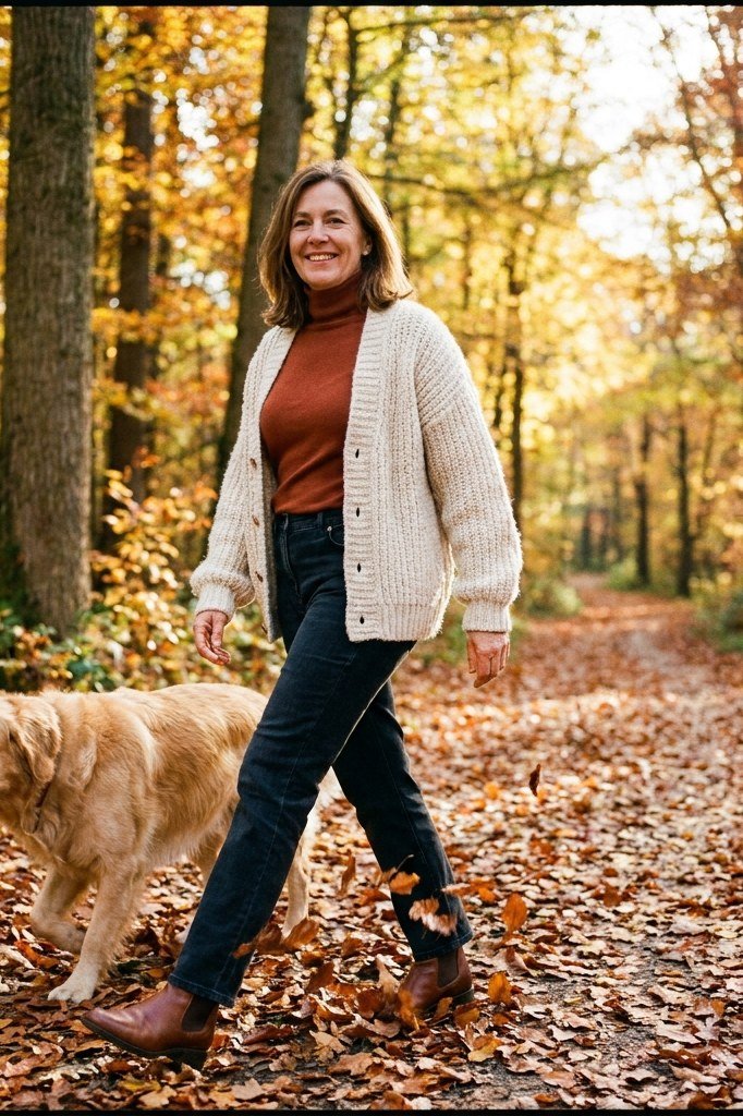 Cream cardigan a rust top cream cardigan rust top dark jeans 40s walking dog - fall outfit idea for women over 40