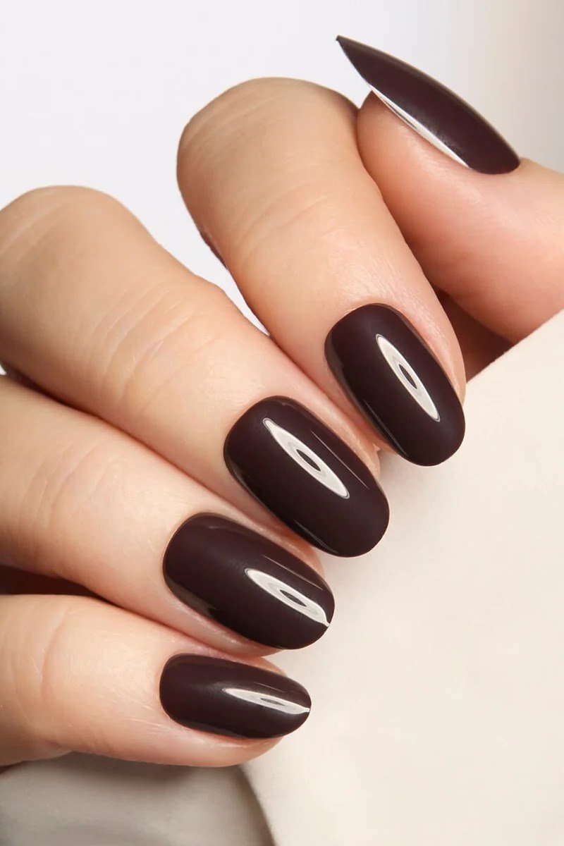 Deep Chocolate Almond Nails on Grey - brown nail idea for women over 50